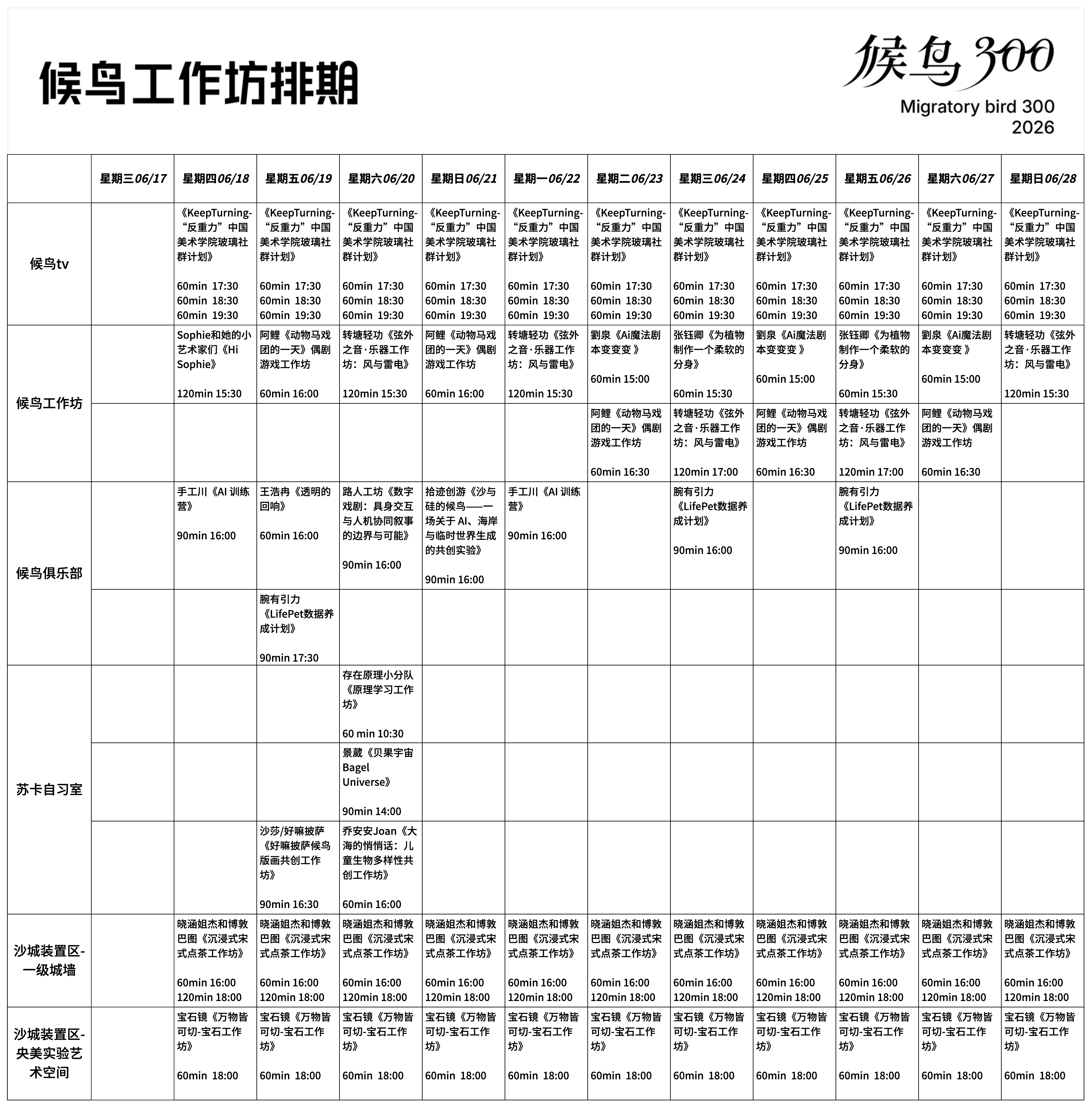 候鸟300 候鸟工作坊排期
